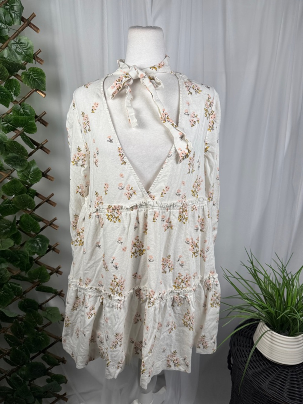 Free People Cream Floral Long Sleeve Tie-Back Mini Dress